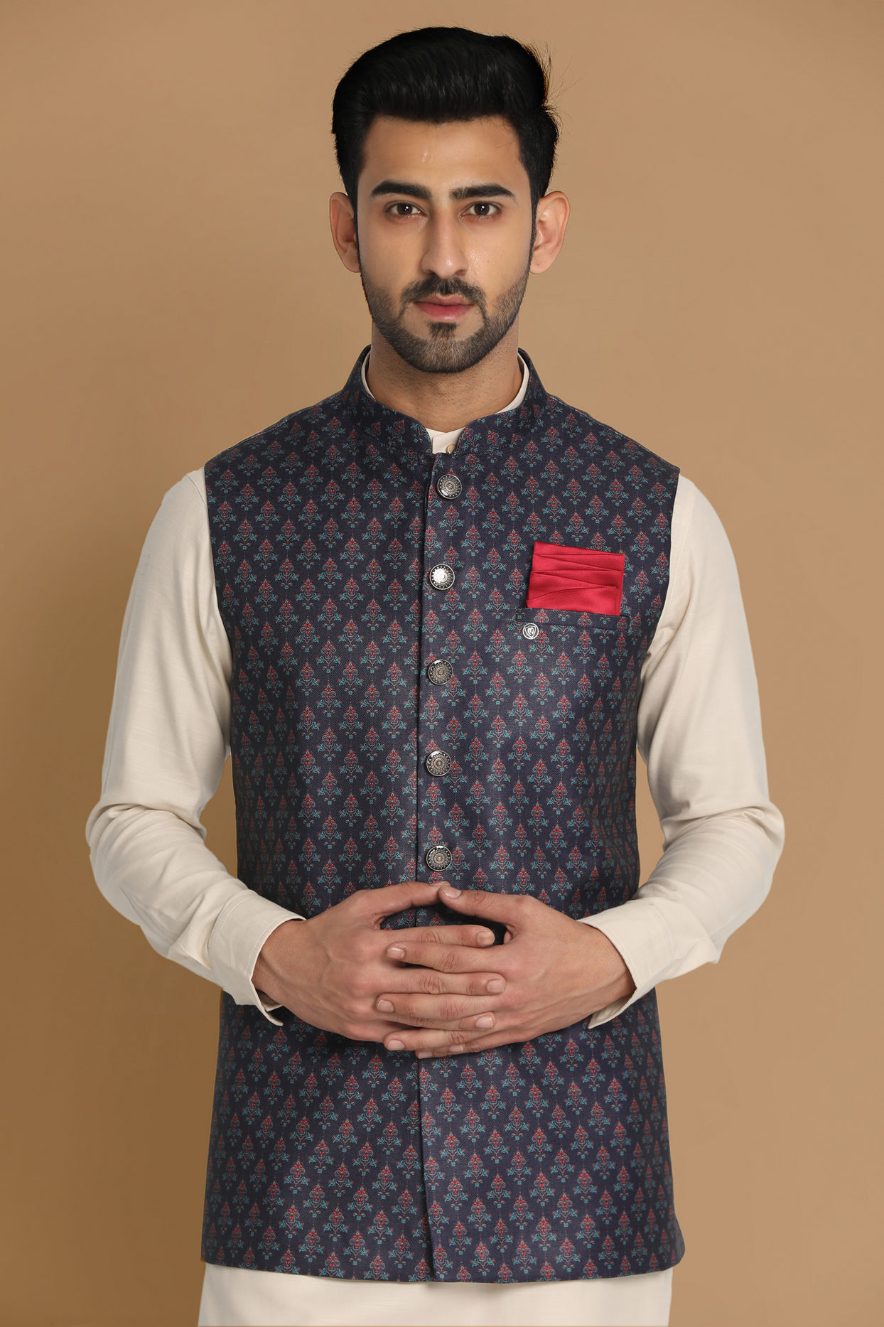 alt message - Manyavar Men Navy Blue Printed Modi Jacket image number 0